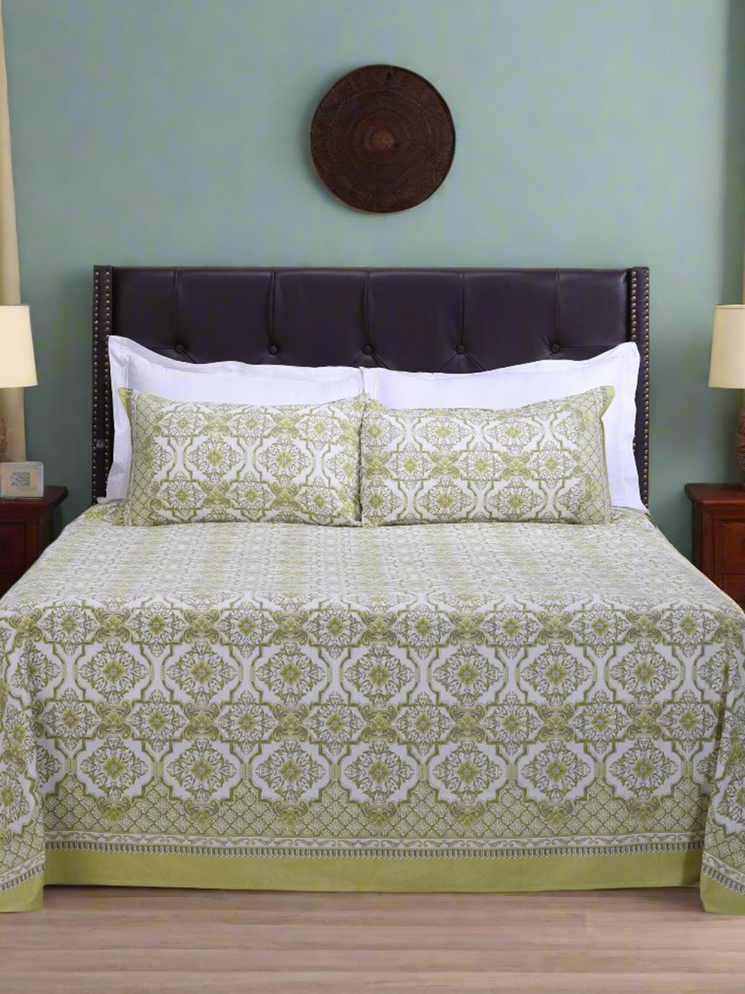 SHAHENAZ Nandini Olive Ethnic Motifs Cotton 180 TC Queen Bedsheet with 2 Pillow Covers-87 x 93 inches