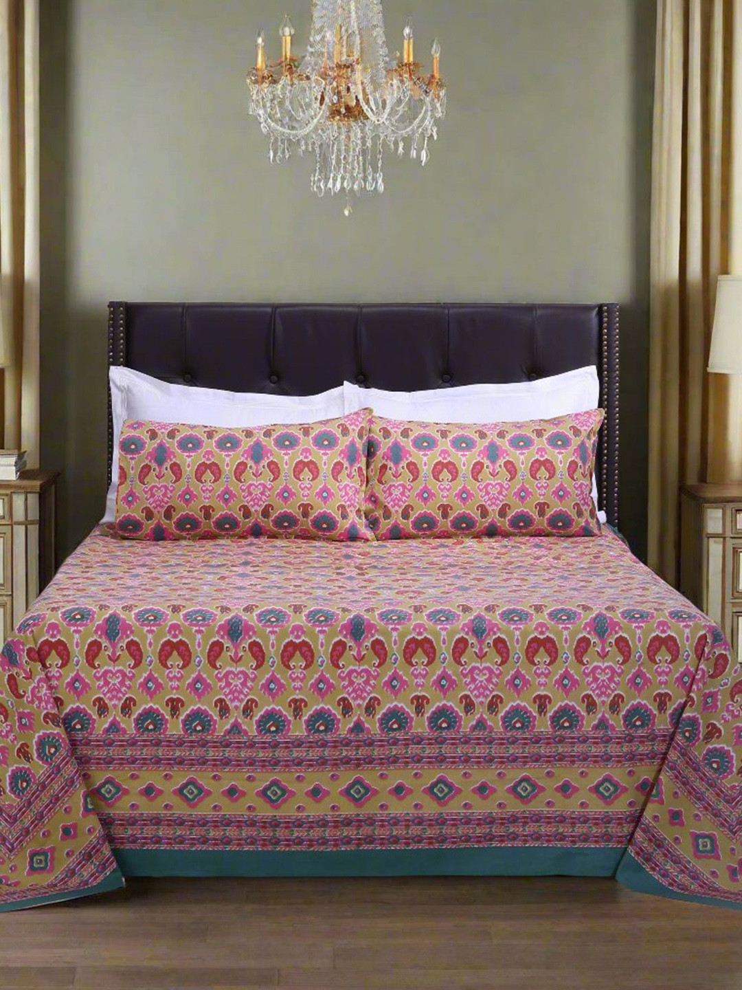SHAHENAZ Mahi Green Floral Cotton 180 TC King Bedsheet with 2 Pillow Covers-274.13 x 100 inches