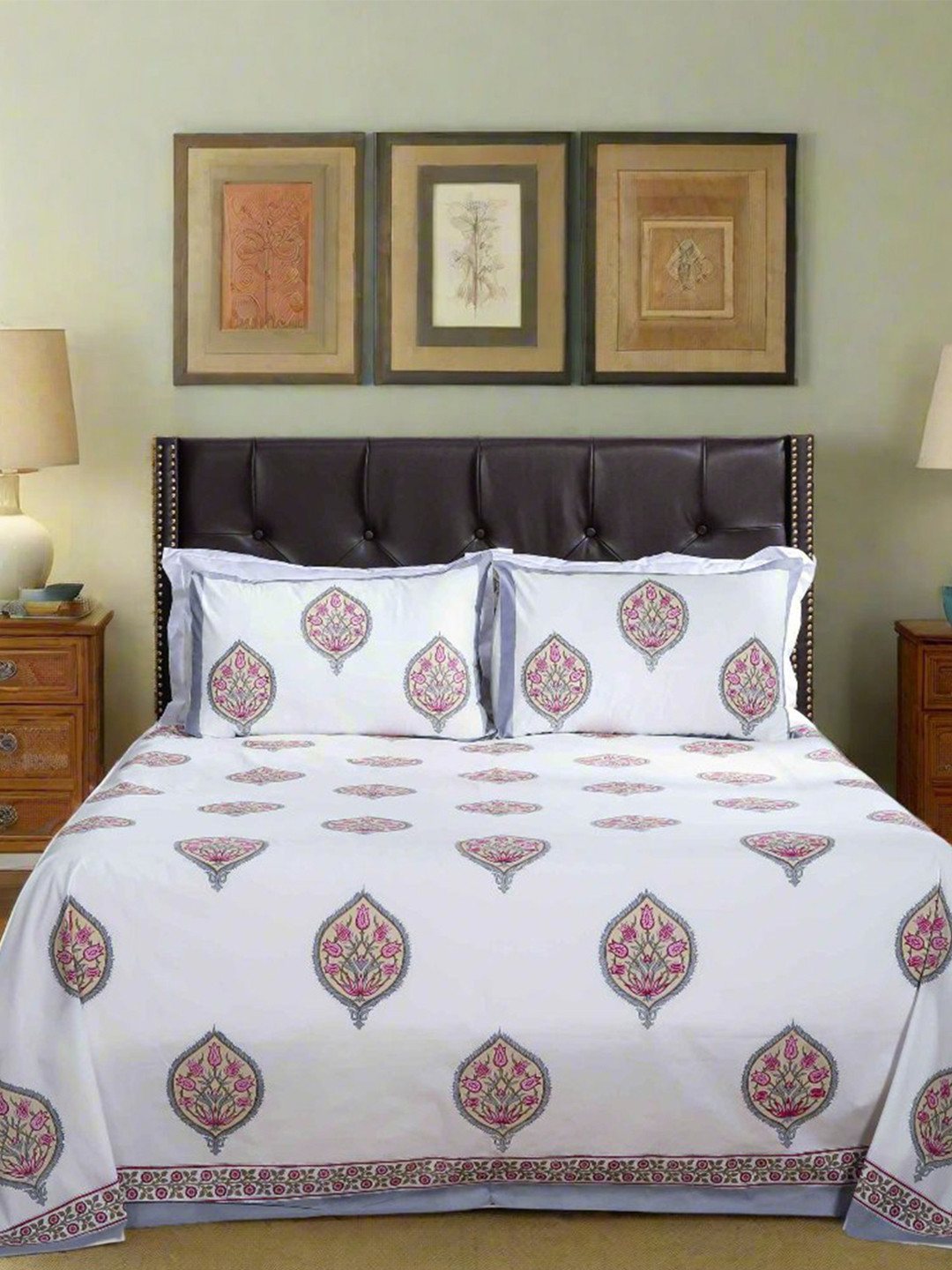 SHAHENAZ Ikkat Bahar Pink Floral Cotton 220 TC Queen Fine Bedsheet with 2 Pillow Covers-106 x 89 inches