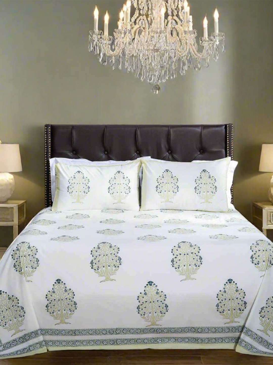 SHAHENAZ Bagh E Hur White Floral Cotton 220 TC Queen Fine Bedsheet with 2 Pillow Covers-106 x 89 inches