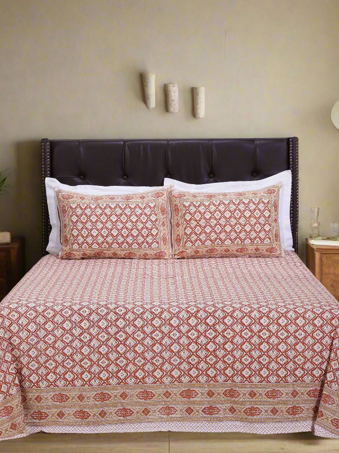 SHAHENAZ Alice Rust Floral Cotton 180 TC Queen Bedsheet with 2 Pillow Covers-106 x 89 inches