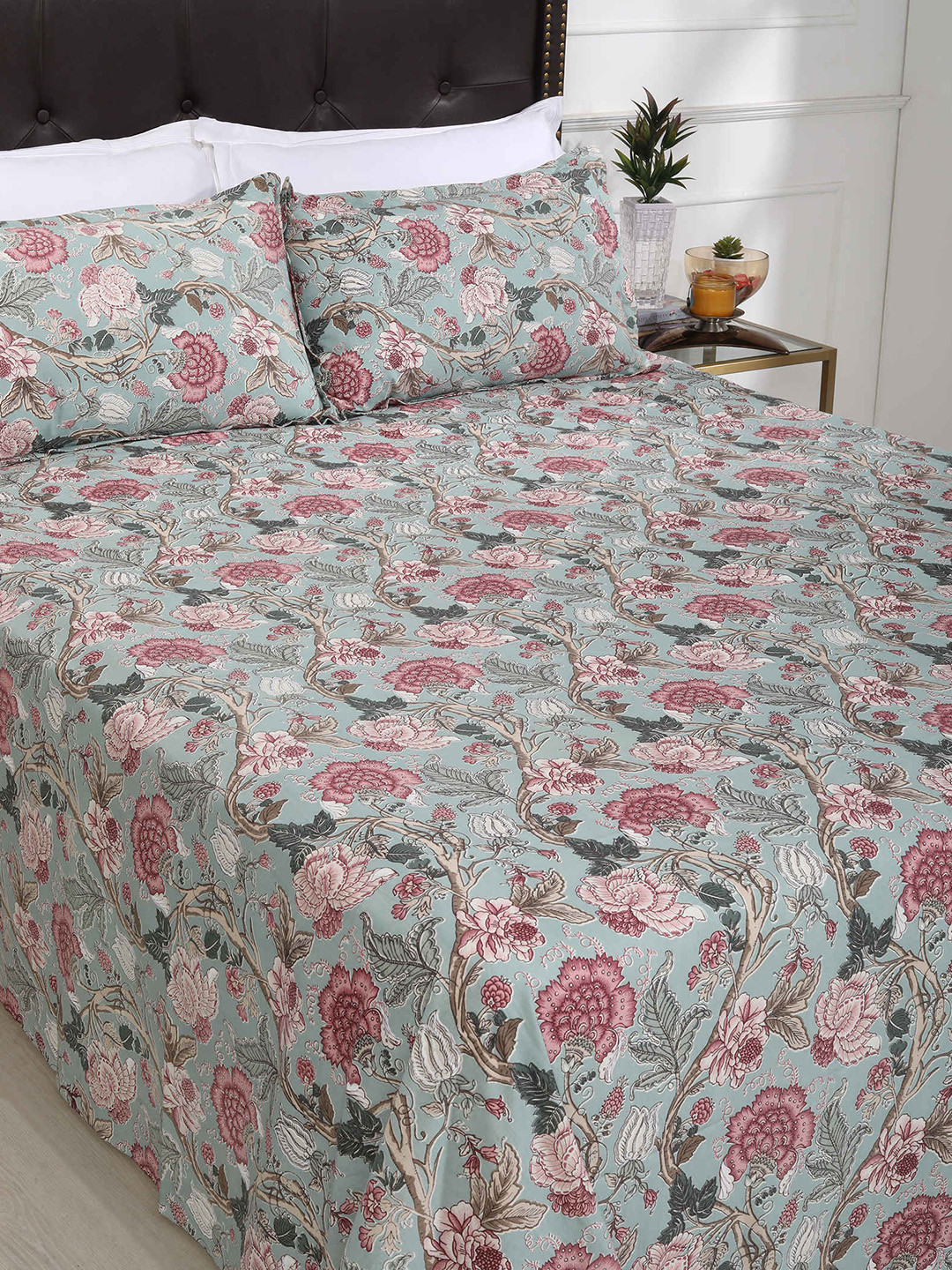 SHAHENAZ Blooming Chintz Maroon Floral Cotton 180 TC Queen Bedsheet with 2 Pillow Covers-20 x 28 inches