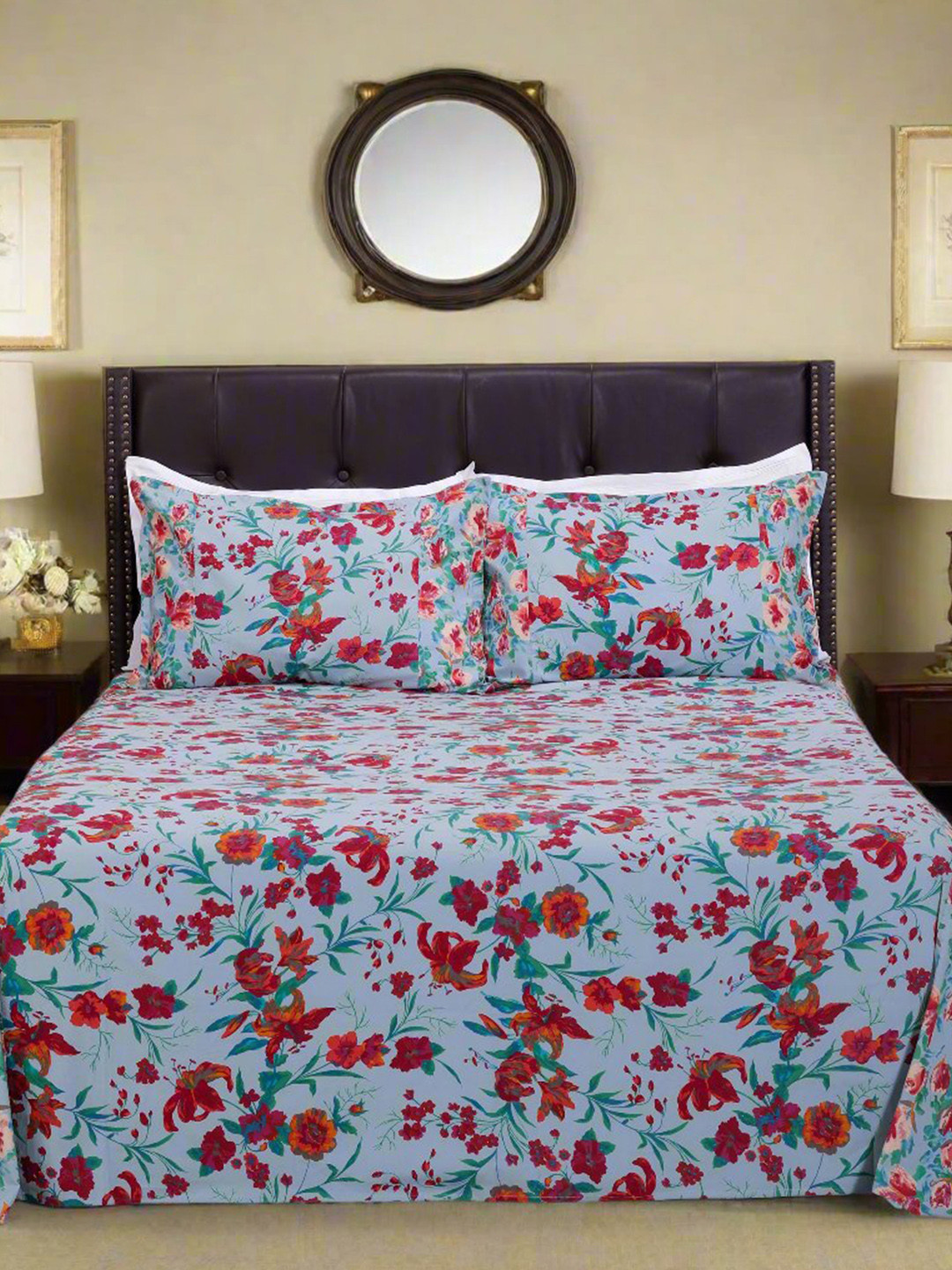 SHAHENAZ Lily Bagh Blue Floral Cotton 180 TC Queen Bedsheet with 2 Pillow Covers-20 x 28 inches