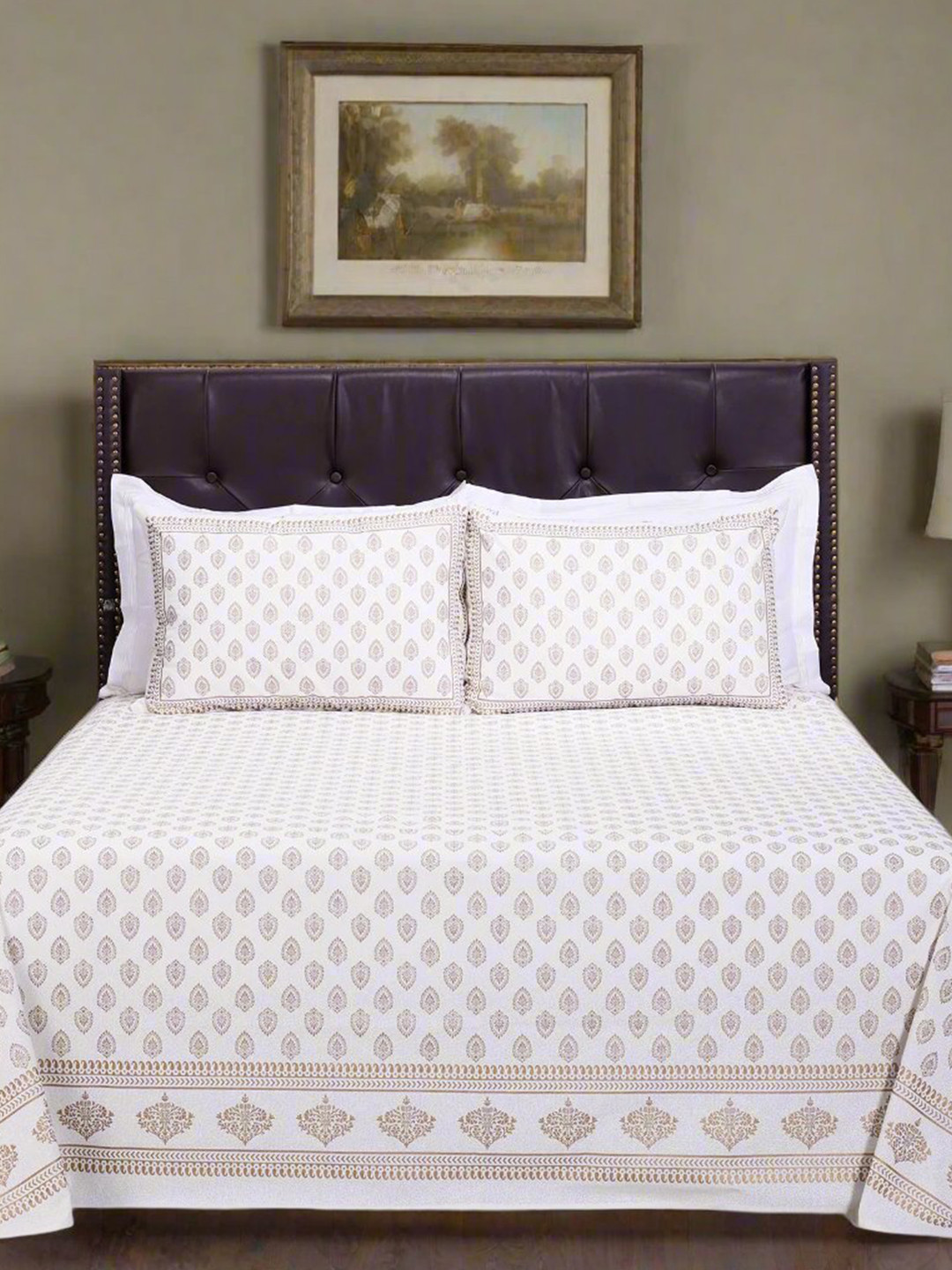 SHAHENAZ Pastel Jameela Booti White Floral Cotton 180 TC Queen Bedsheet with 2 Pillow Covers-106 x 89 inches