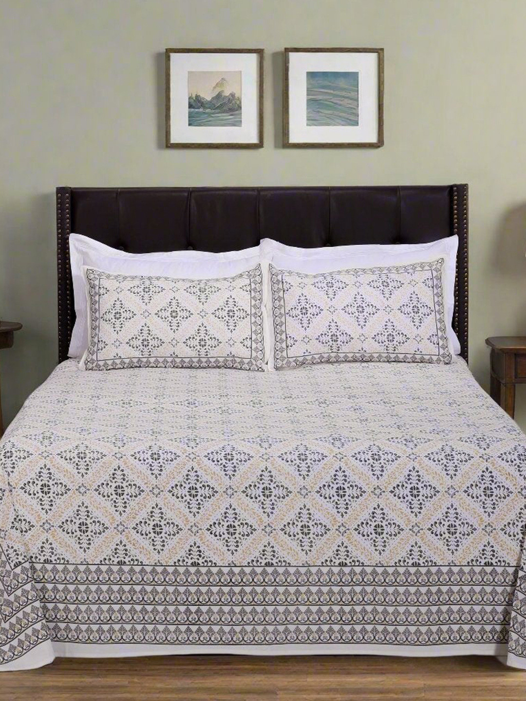 SHAHENAZ Ikkat Shofar Grey Floral Cotton 180 TC Queen Fine Bedsheet with 2 Pillow Covers-106 x 89 inches