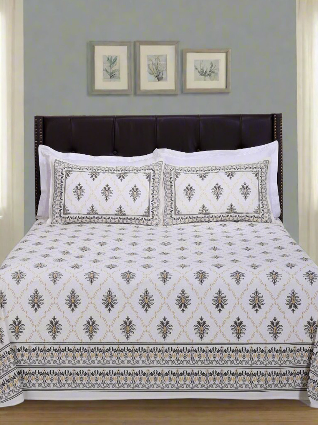 SHAHENAZ Pineapple Jaal Green Ethnic Motifs Cotton 180 TC Queen Bedsheet with 2 Pillow Covers-59 x 87 inches