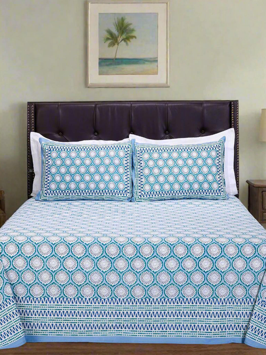 SHAHENAZ Alice Jaal Turquoise Blue Floral Cotton 180 TC Queen Bedsheet with 2 Pillow Covers-106 x 89 inches