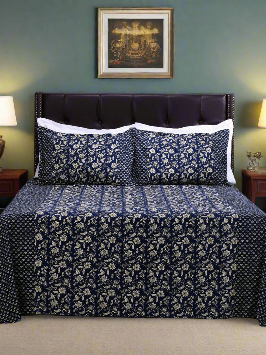 SHAHENAZ Rahat Navy Blue Floral Cotton 180 TC Queen Bedsheet with 2 Pillow Covers-20 x 28 inches