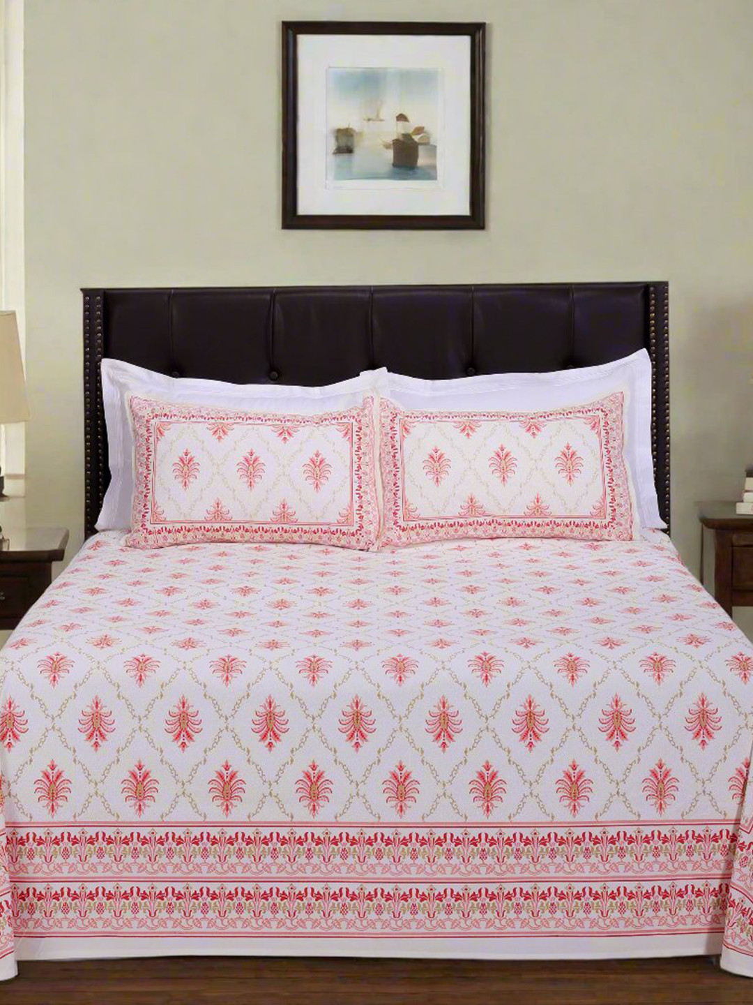 SHAHENAZ Pineapple Jaal Pink Floral Cotton 180 TC Queen Bedsheet with 2 Pillow Covers-106 x 89 inches