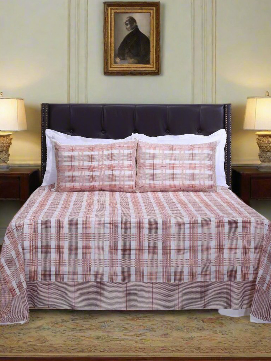 SHAHENAZ Rust Checked Cotton 180 TC Queen Bedsheet with 2 Pillow Covers-20 x 28 inches