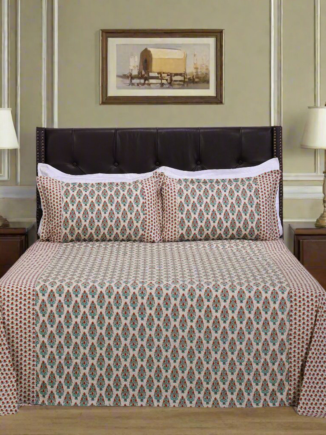 SHAHENAZ Anjali Bootah Orange Floral Cotton 180 TC Queen Bedsheet with 2 Pillow Covers-106 x 89 inches