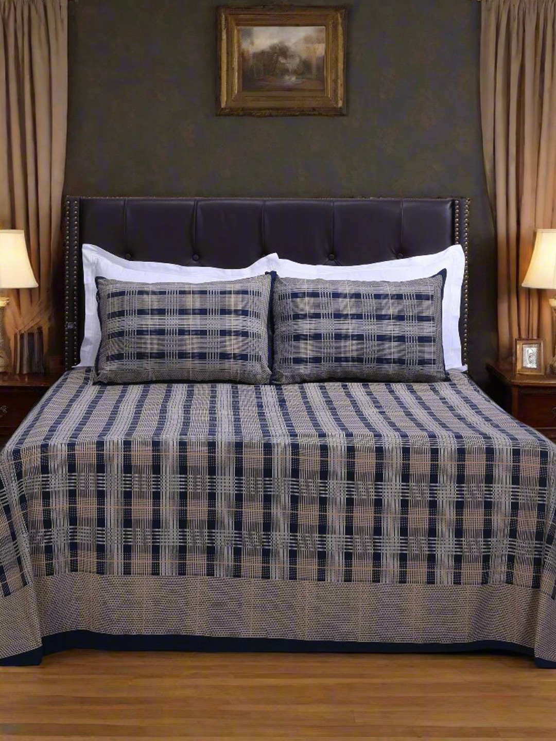 SHAHENAZ Jaipuri Navy Blue Geometric Cotton 180 TC Queen Bedsheet with 2 Pillow Covers-114 x 120 inches