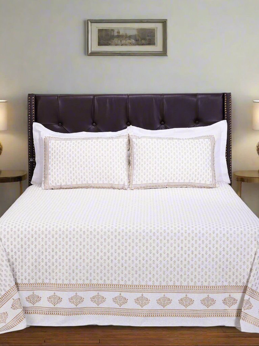 SHAHENAZ White Ethnic Motifs Cotton 180 TC Queen Bedsheet with 2 Pillow Covers-50 x 70 cm
