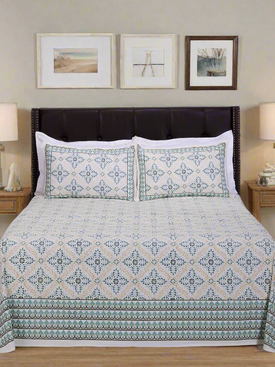 SHAHENAZ Ikkat Shofar Green Ethnic Motifs Cotton 180 TC Queen Bedsheet with 2 Pillow Covers-106 x 89 inches