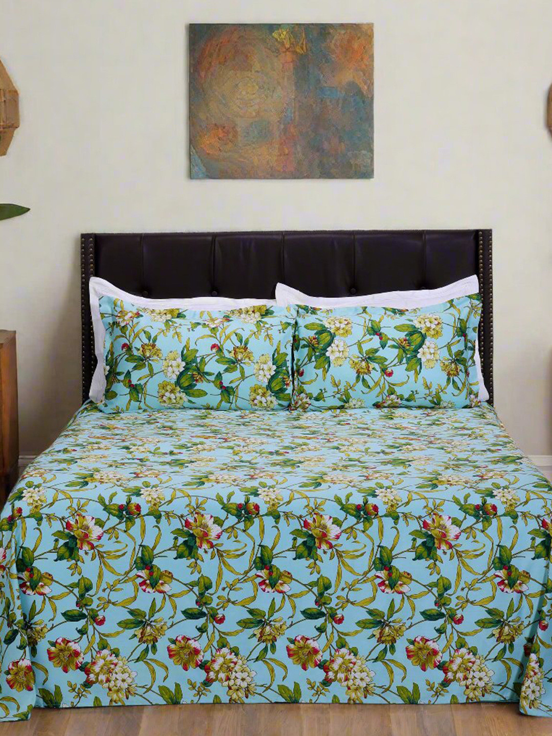 SHAHENAZ Azalea Blue Floral Cotton 300 TC Queen Fine Bedsheet with 2 Pillow Covers-106 x 89 inches