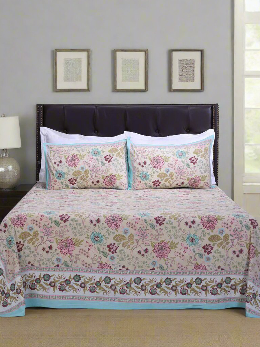 SHAHENAZ Beige Floral Cotton 180 TC Queen Bedsheet with 2 Pillow Covers-20 x 28 inches
