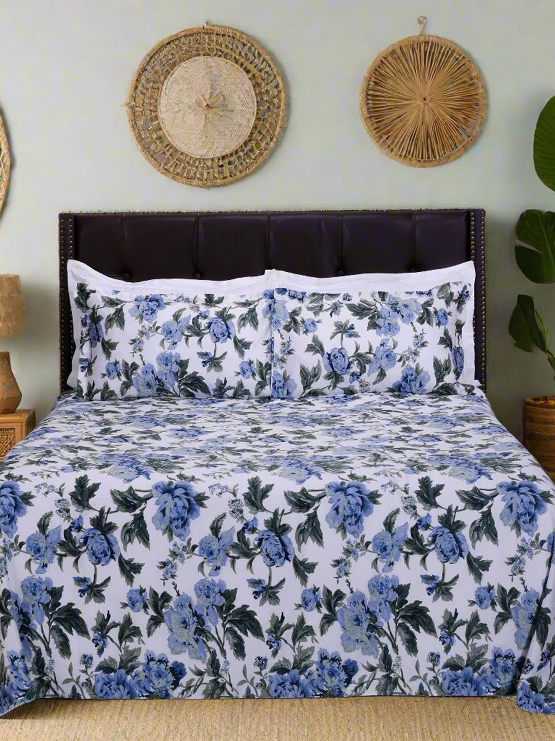 SHAHENAZ Dahlia Garden White Floral Cotton 300 TC Queen Bedsheet with 2 Pillow Covers-106 x 89 inches