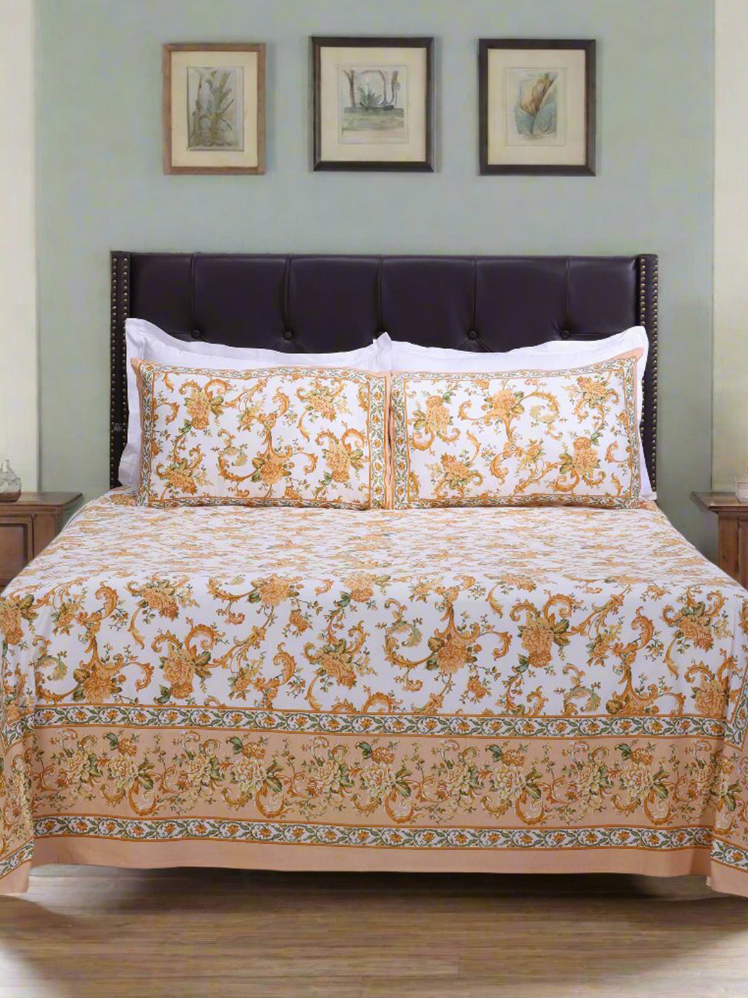 SHAHENAZ Rama Victoria Jaal Mustard Floral Cotton 180 TC Queen Bedsheet with 2 Pillow Covers-20 x 28 inches
