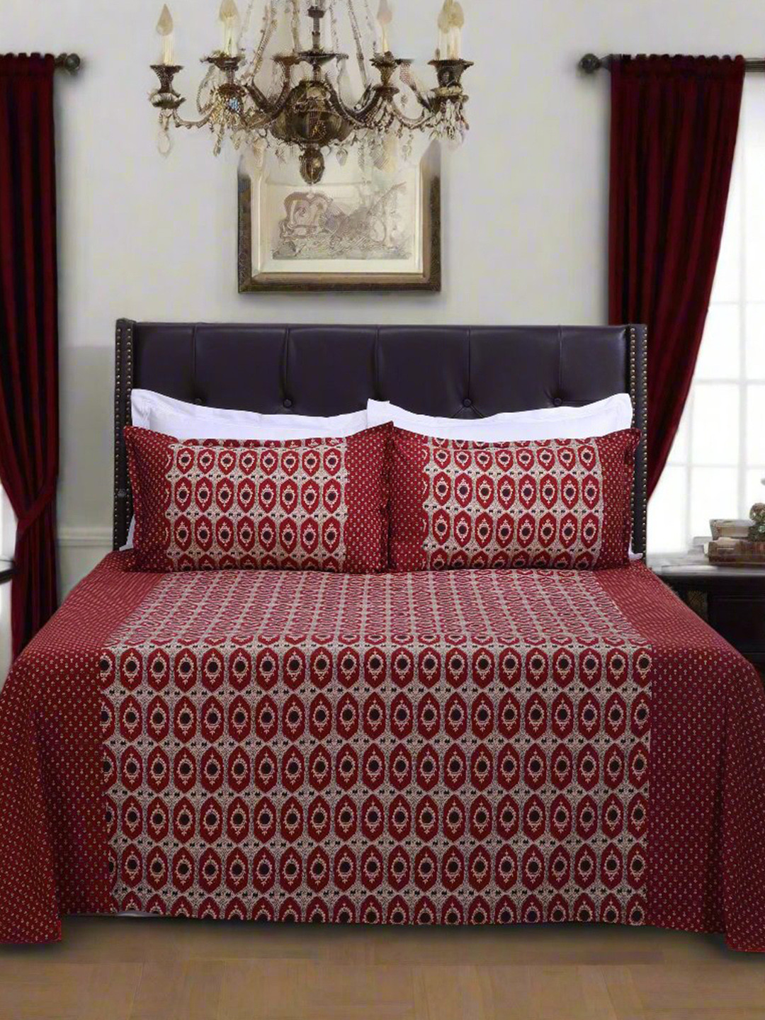 SHAHENAZ Rahat Pendant Red Floral Cotton 180 TC Fitted Queen Bedsheet with 2 Pillow Covers-106 x 89 inches