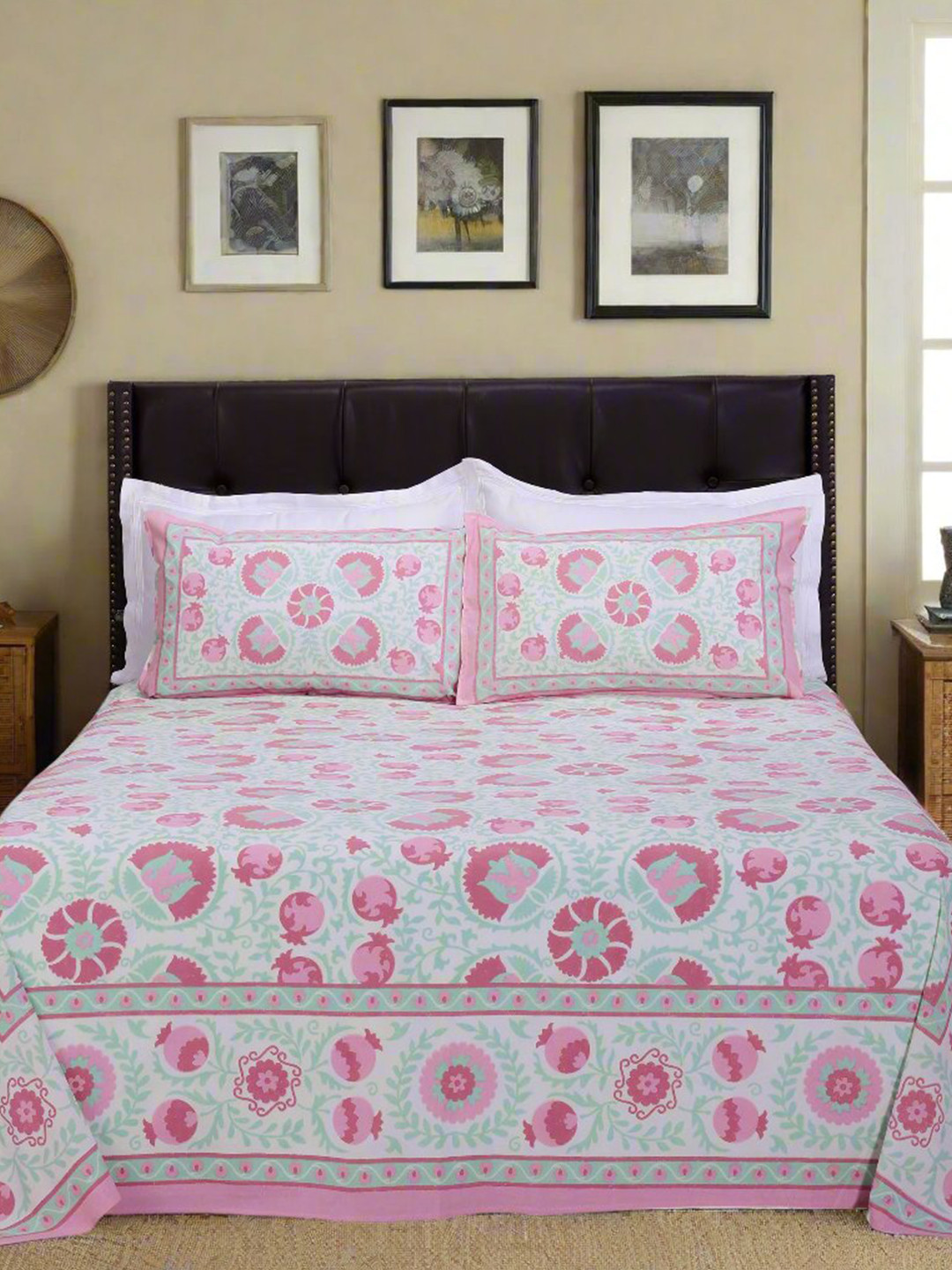 SHAHENAZ Gayatri Pink Ethnic Motifs Cotton 180 TC Queen Bedsheet with 2 Pillow Covers-20 x 28 inches