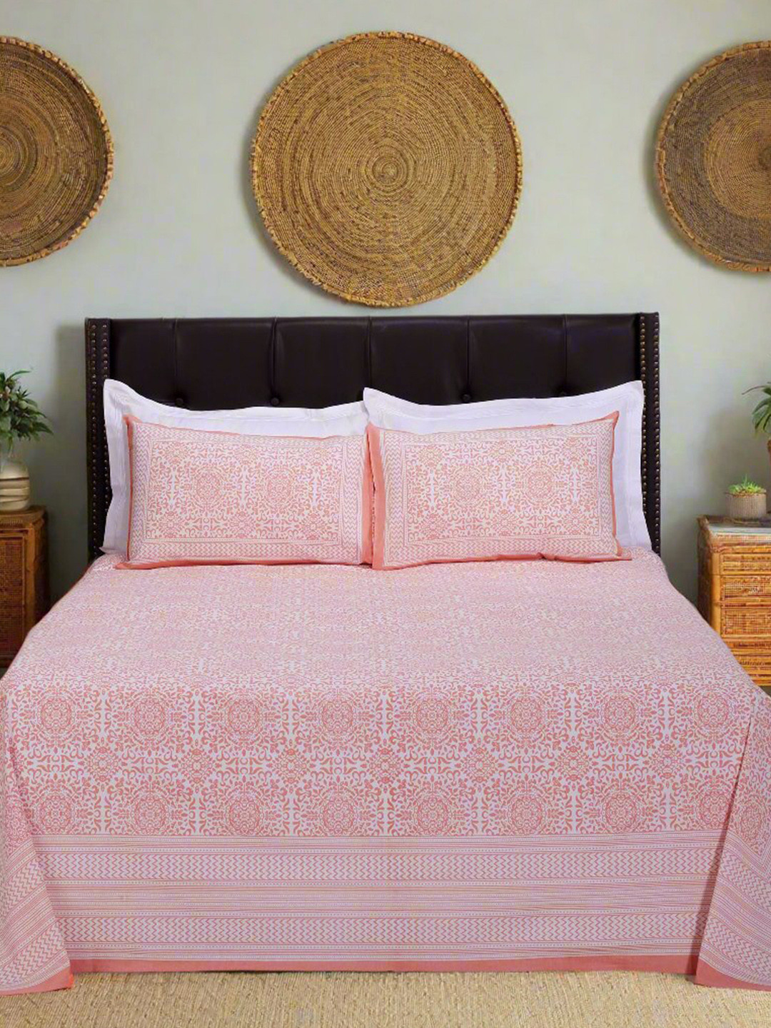 SHAHENAZ Gayatri Geo Artland Orange Floral Cotton 180 TC Queen Bedsheet with 2 Pillow Covers-20 x 28 inches