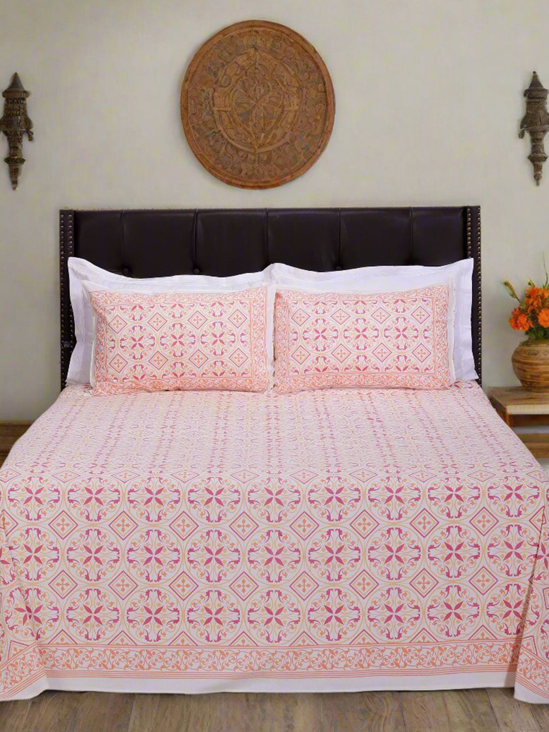 SHAHENAZ Gayatri Mosaic Orange Ethnic Motifs Cotton 180 TC Queen Bedsheet with 2 Pillow Covers-20 x 28 inches