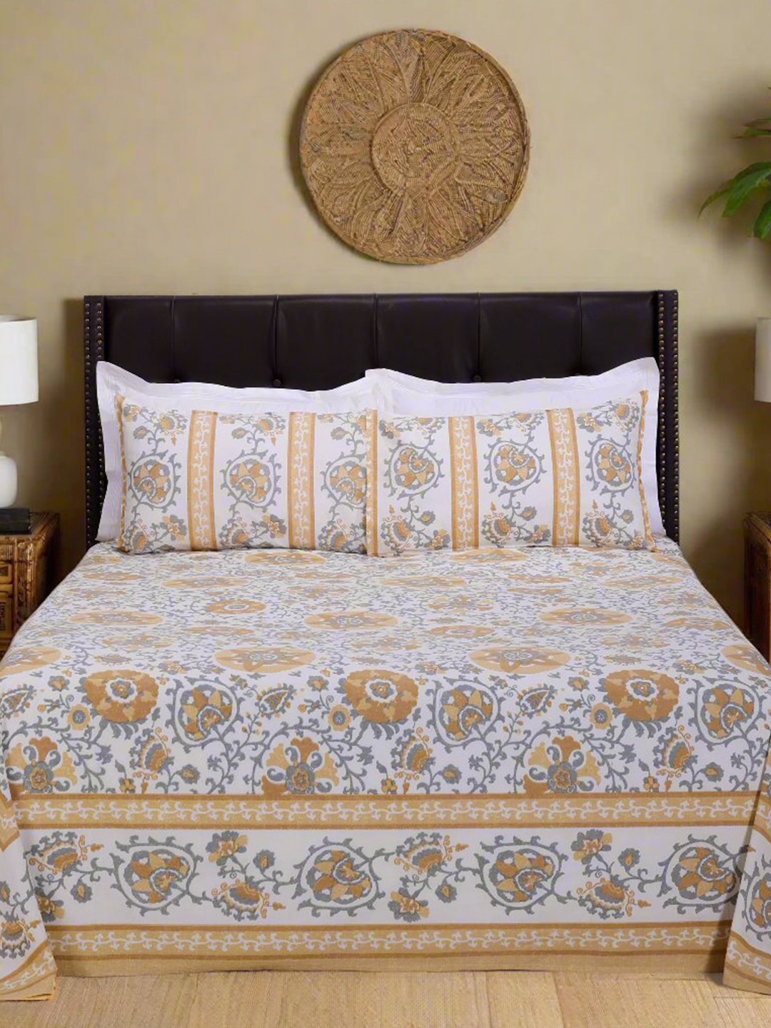SHAHENAZ Gayatri Gaon Dalilah Mustard Floral Cotton 180 TC Queen Bedsheet with 2 Pillow Covers-106 x 89 inches