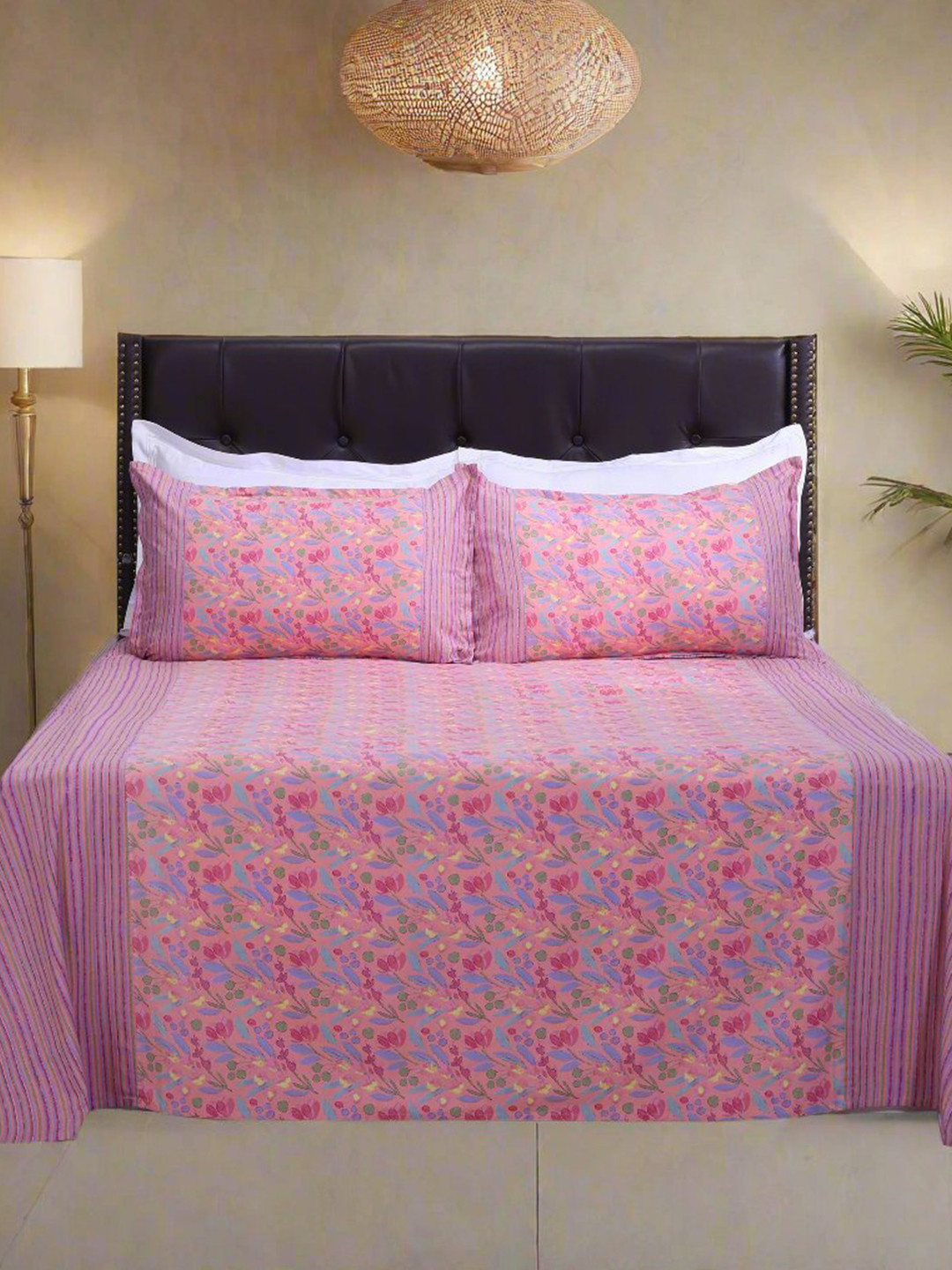 SHAHENAZ Rangeela Pink Floral Cotton 180 TC Queen Bedsheet with 2 Pillow Covers-106 x 89 inches