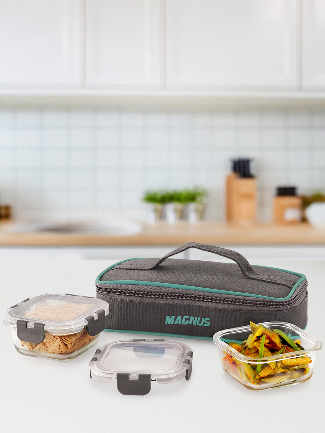 MAGNUS G-Lock Grey Solid Glass Airtight 4PCs Lunch Box With Spoon and Fork