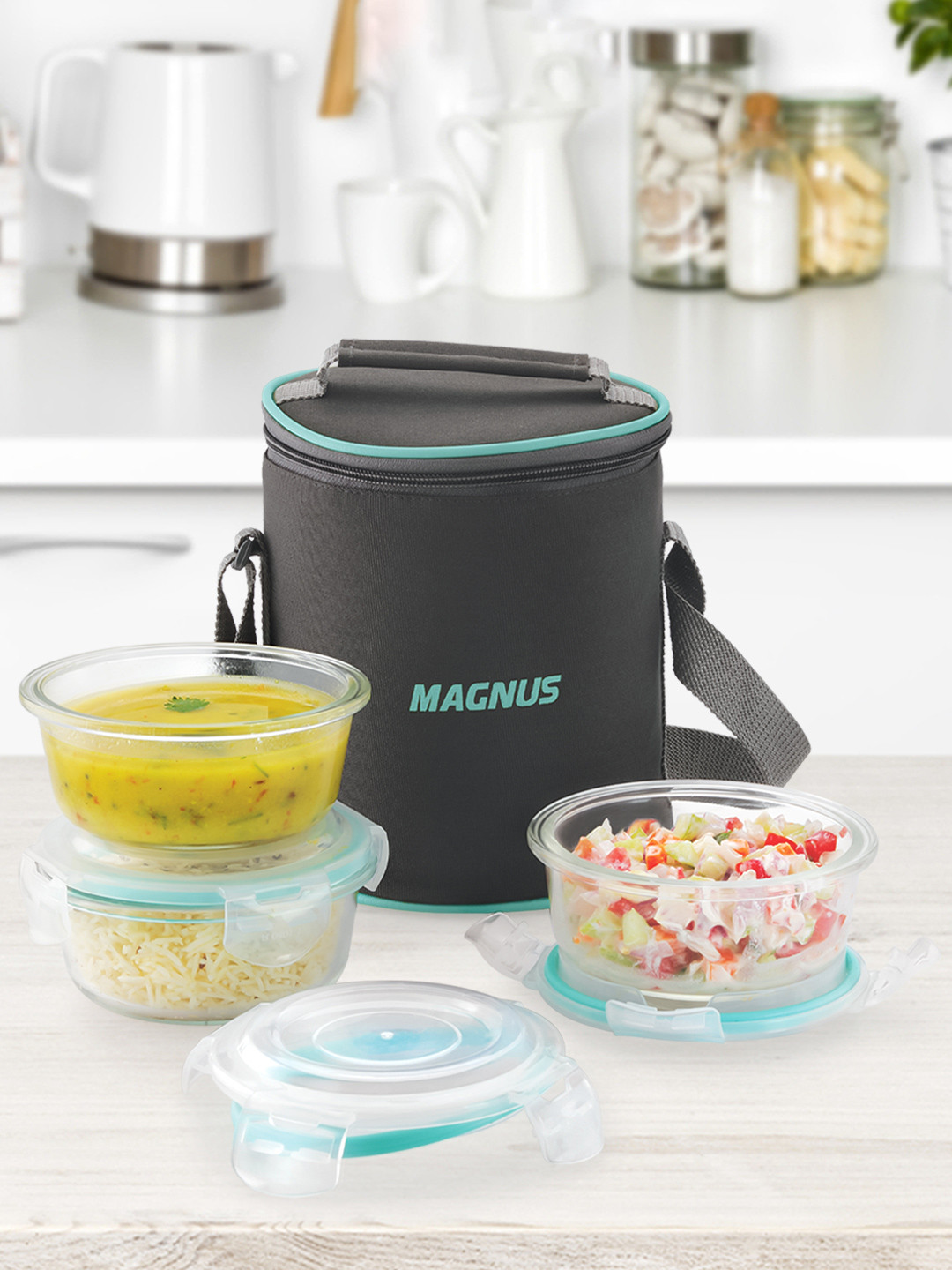 MAGNUS Vivid Transparent Solid Glass Airtight 5PCs Lunch Box With Spoon and Fork