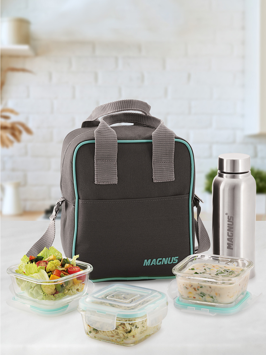 MAGNUS Vivid Glass Dishwasher and Microwave Safe 5PCs Lunch Box With Spoon and Fork