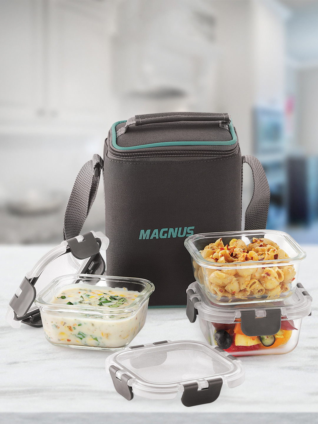 MAGNUS G-Lock Grey Solid Glass Airtight 4PCs Lunch Box With Spoon and Fork