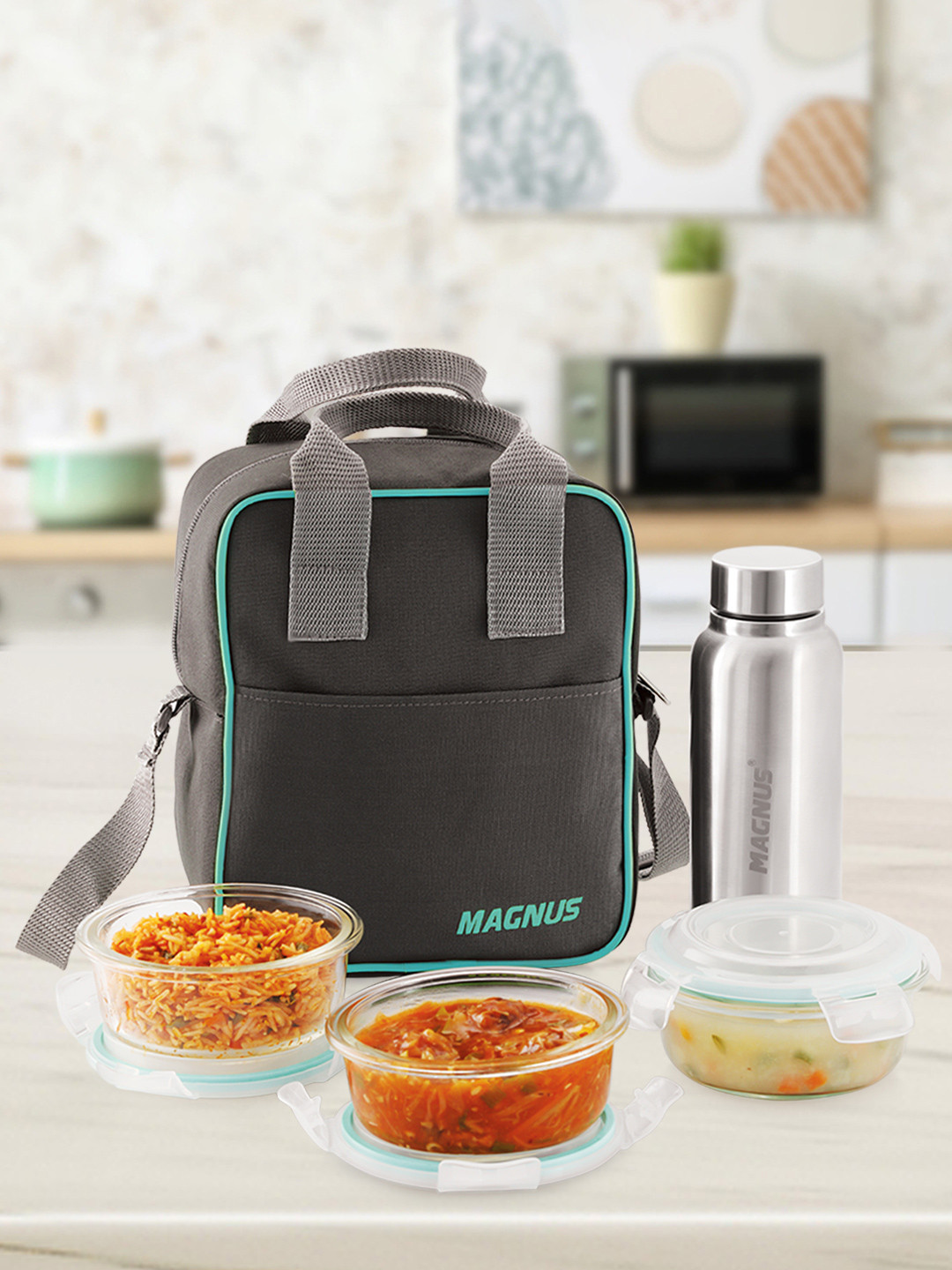 MAGNUS Vivid Glass Dishwasher and Microwave Safe 4PCs Lunch Box With Spoon and Fork