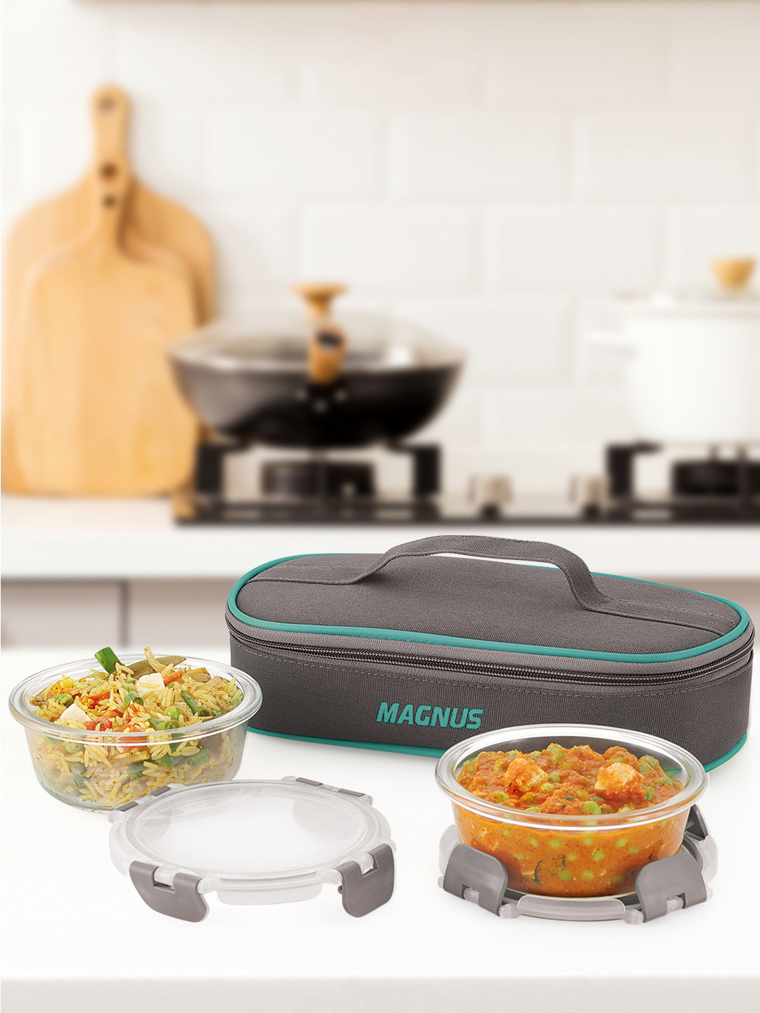 MAGNUS G-Lock Grey Solid Glass Airtight 3PCs Lunch Box With Spoon and Fork