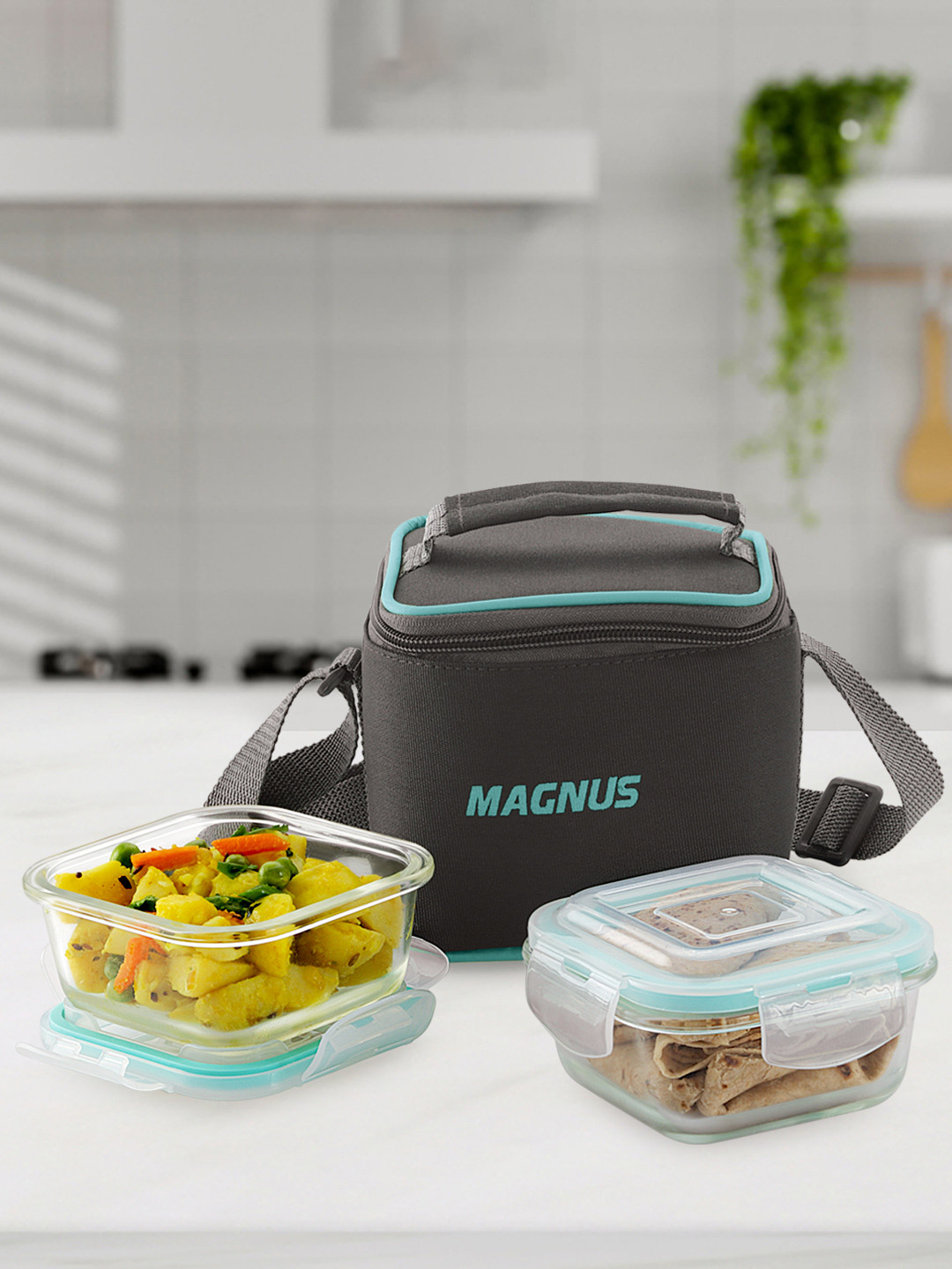 MAGNUS Vivid Transparent Solid Glass Airtight 3PCs Lunch Box With Spoon and Fork