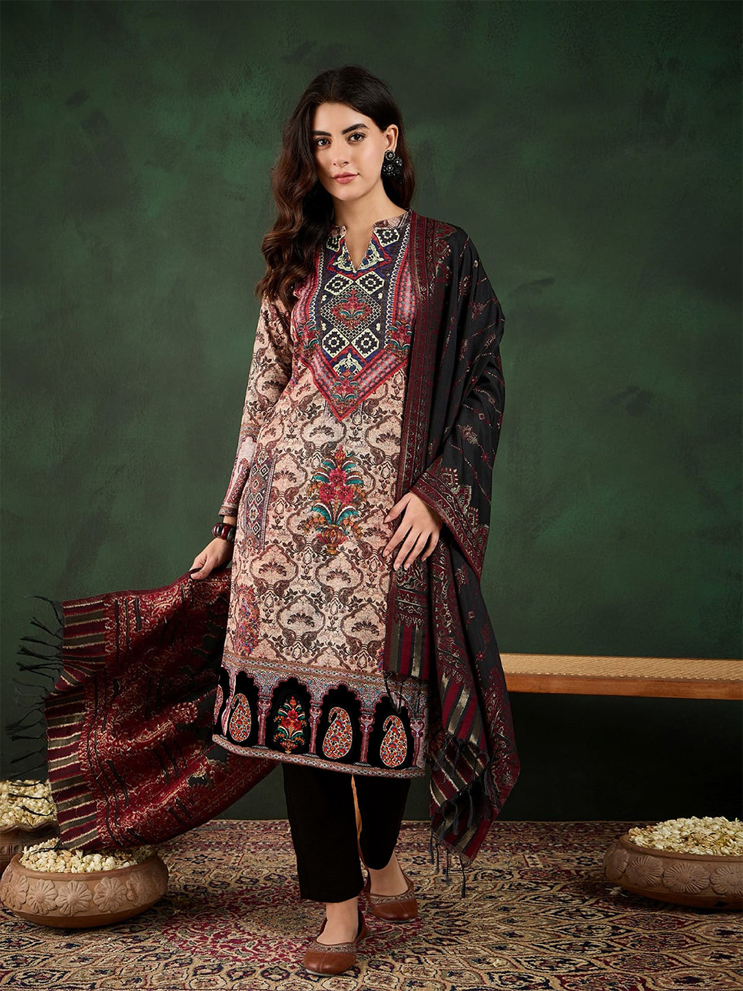 Sangria Self Designed Winterwear Straight Kurta & Trousers With Dupatta