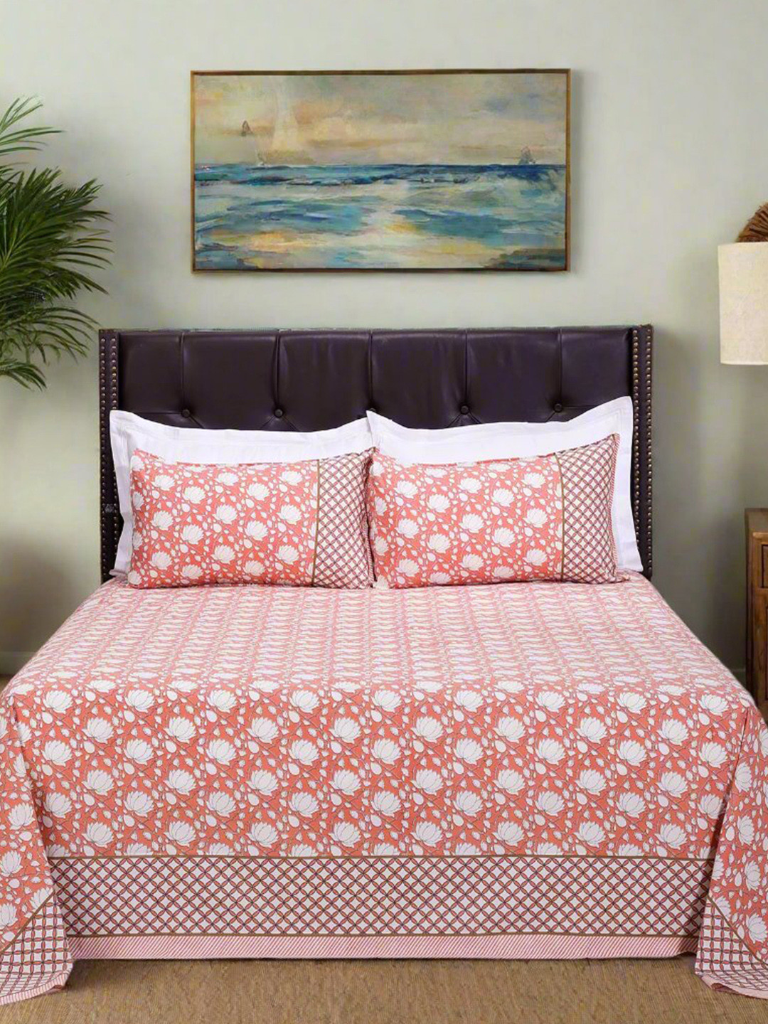 SHAHENAZ Kamal Bagh Luxury Peach Floral Cotton 180 TC King Bedsheet with 2 Pillow Covers-106 x 106 inches