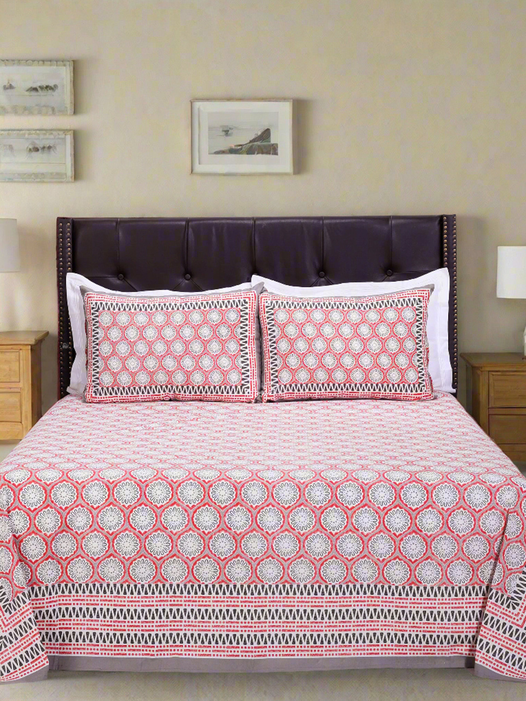 SHAHENAZ Alice Jaal Grey Floral Cotton 180 TC Queen Bedsheet with 2 Pillow Covers-106 x 89 inches