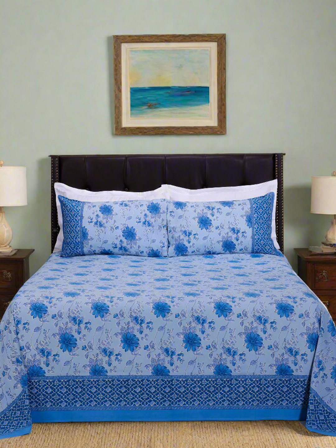 SHAHENAZ Suhana Lily Dreams Blue Floral Cotton 180 TC King Bedsheet with 2 Pillow Covers-106 x 106 inches