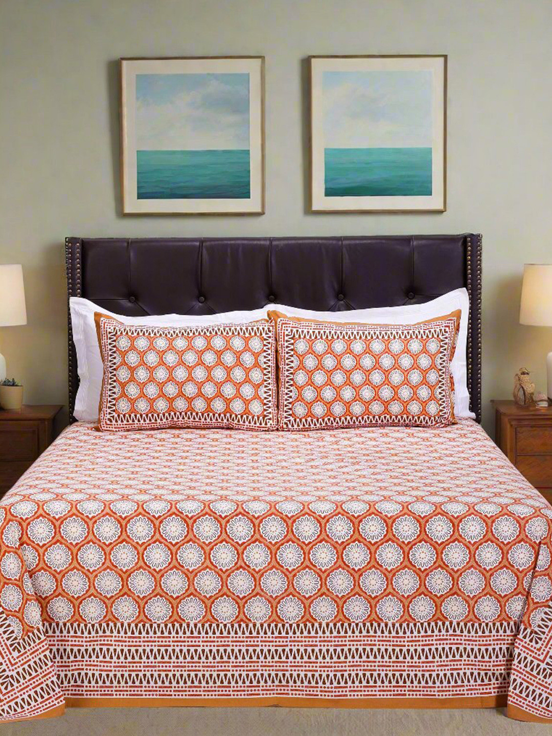 SHAHENAZ Alice Jaal Orange Floral Cotton 180 TC Queen Bedsheet with 2 Pillow Covers-106 x 89 inches