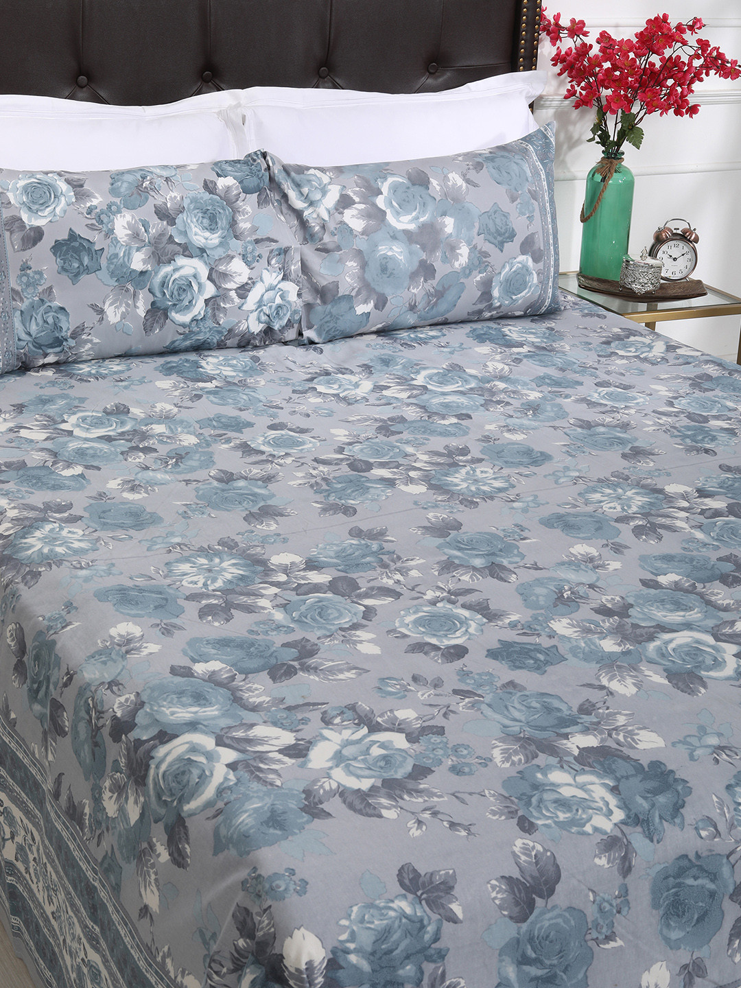 SHAHENAZ Rose Floral Escape Blue Floral Cotton 180 TC King Bedsheet with 2 Pillow Covers-106 x 106 inches