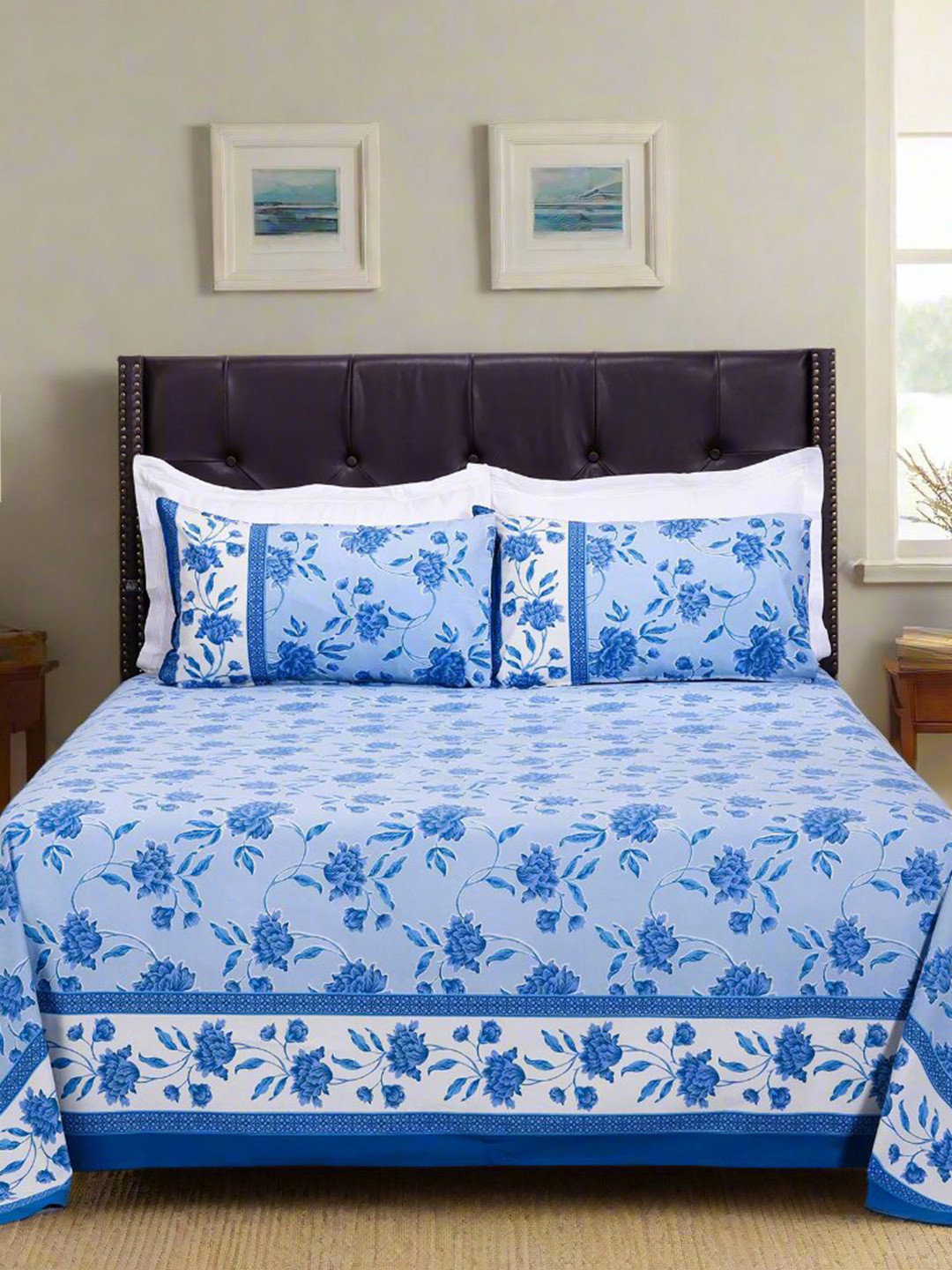 SHAHENAZ Floral Summer Blue Floral Cotton 180 TC King Bedsheet with 2 Pillow Covers-106 x 106 inches