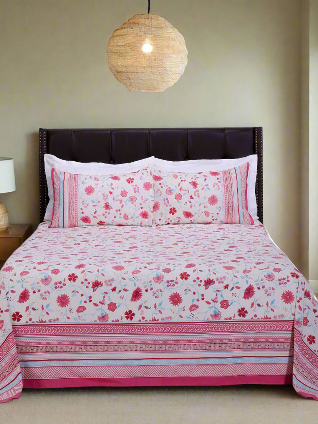 SHAHENAZ Kashish Vine Pink Floral Cotton 180 TC King Bedsheet with 2 Pillow Covers-106 x 106 inches