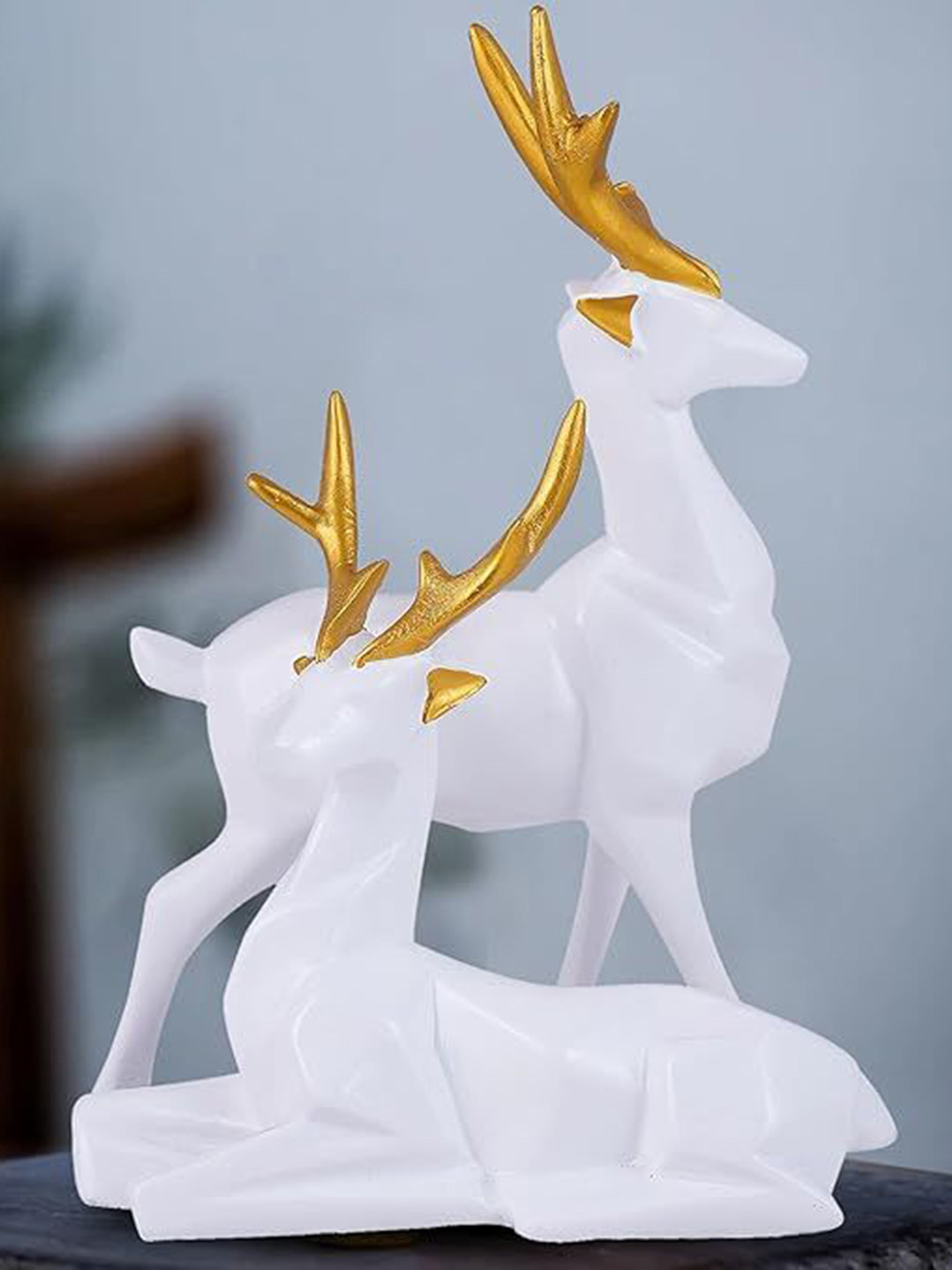 Zart Deer White Polyresin Matte Bedroom Set of 2 Medium Showpieces - 10 Inches