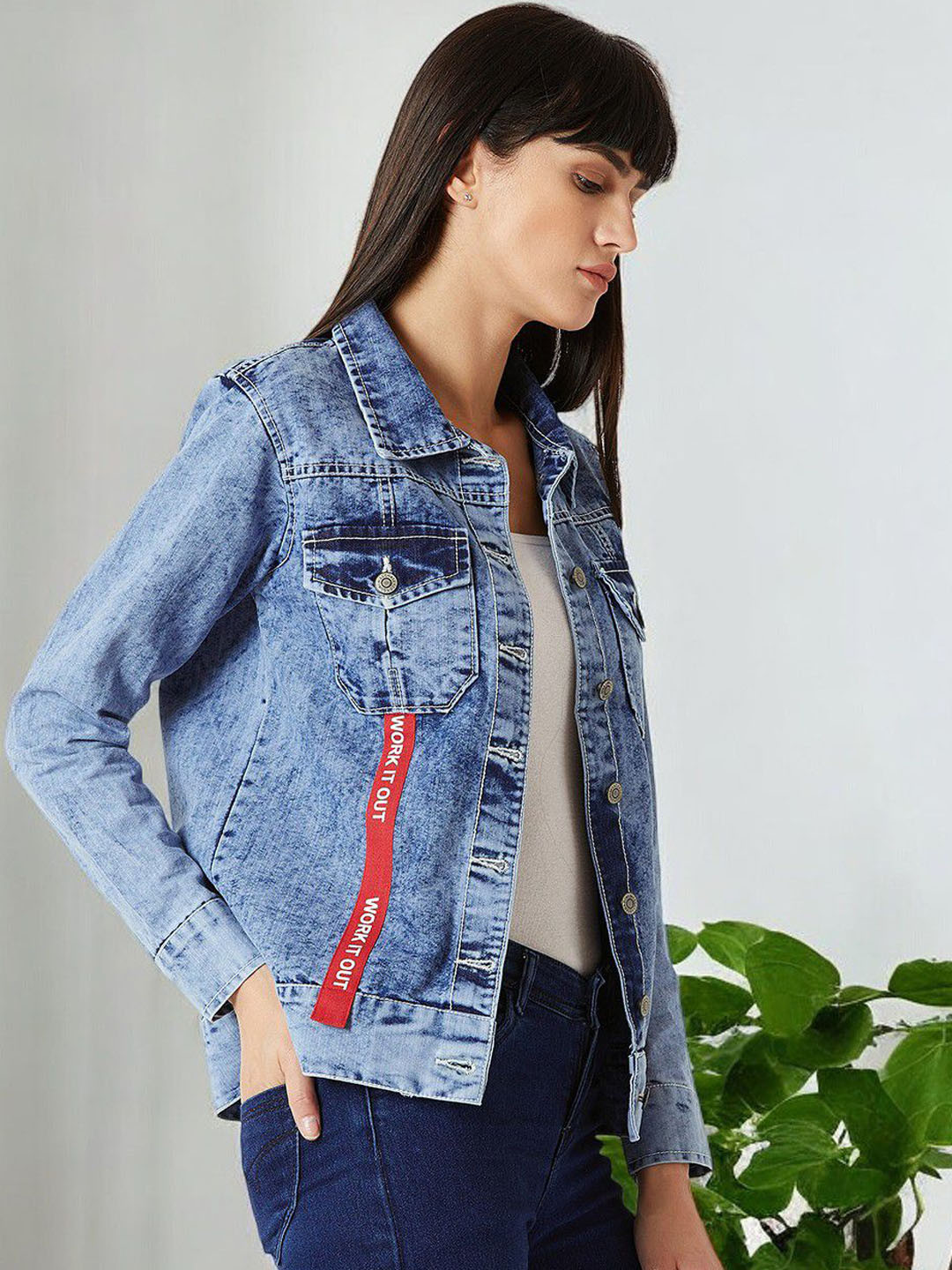 DressBerry Women Washed Denim Jacket with Patchwork