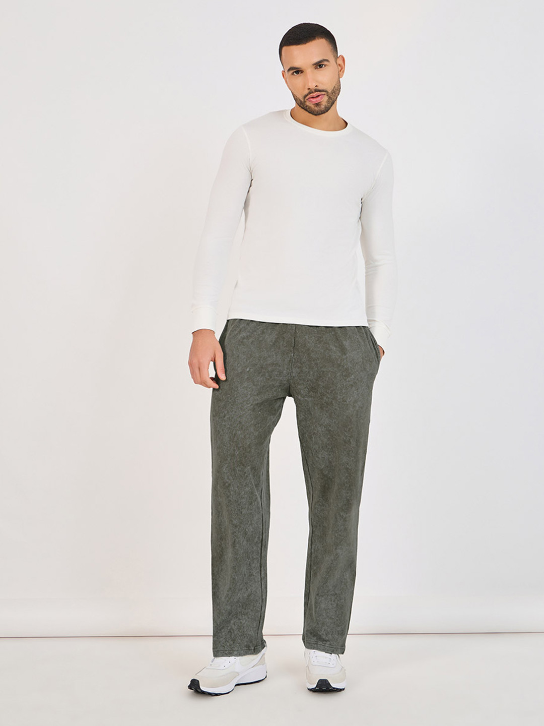 Styli Men Olive Green Acid Wash Relaxed Fit Open Hem Cotton Track Pants