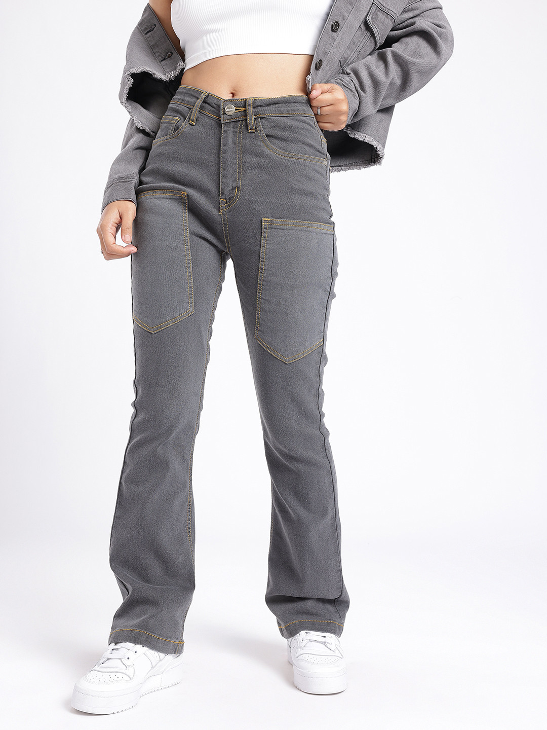 glitchez Women Straight Fit Stretchable Cargo Style Jeans With Contrast Stitch