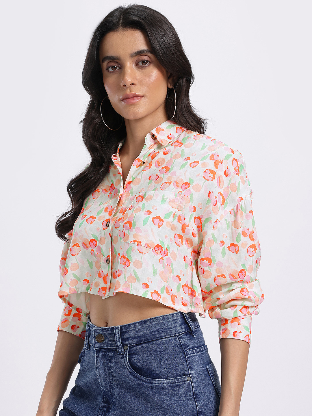 glitchez Printed Styled Back Boxy Crop Shirt