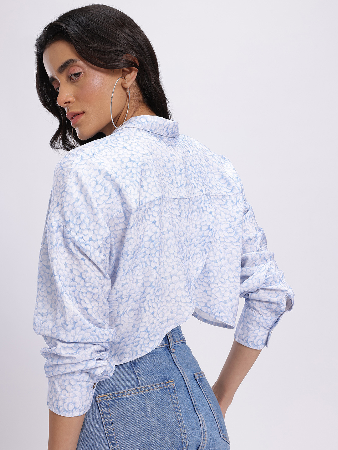 glitchez Floral Print Drop-Shoulder Back Slit Boxy Crop Shirt