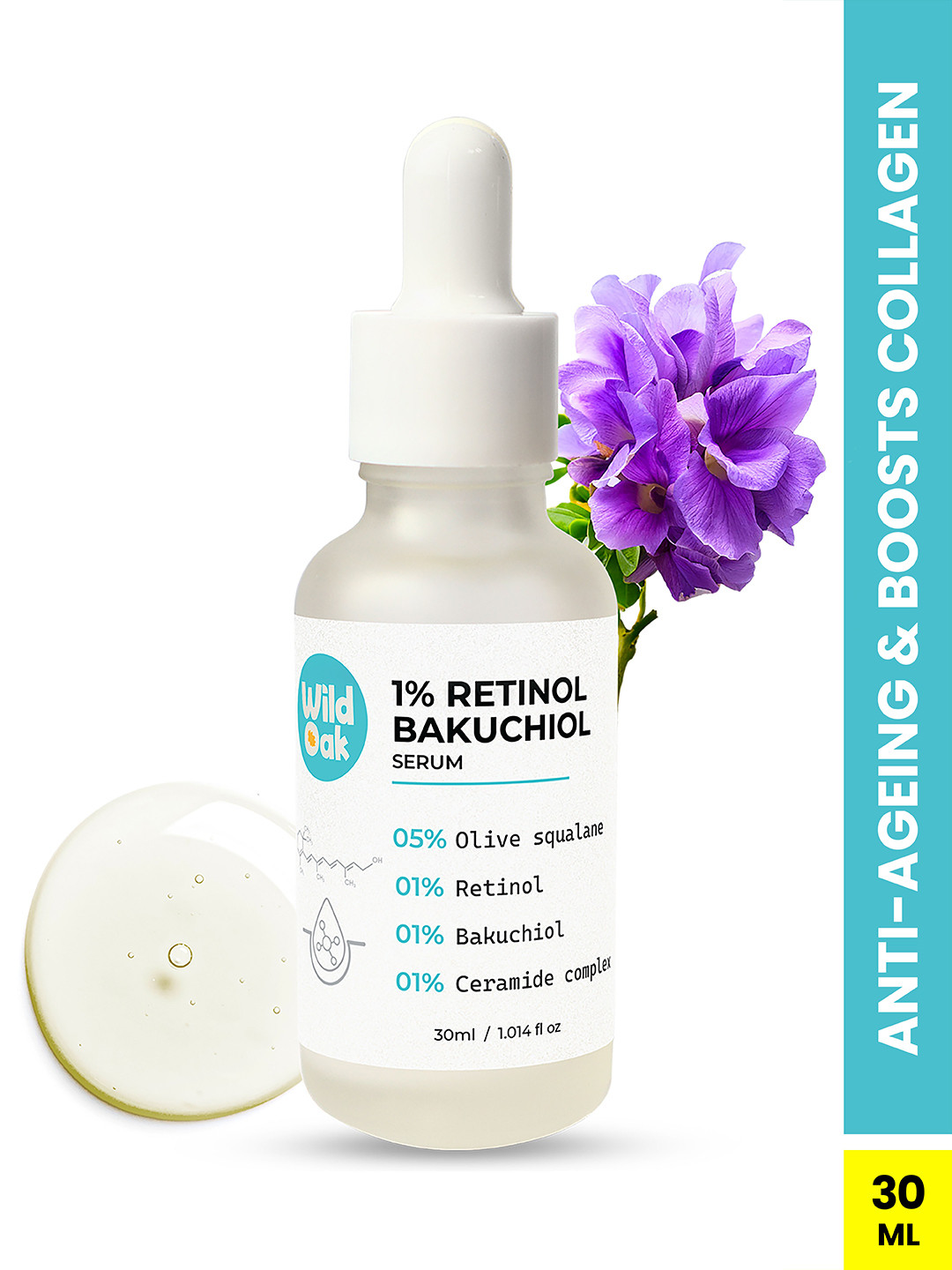 Wild Oak 1% Retinol Bakuchiol Face Serum with Ceramides - Boosts Collagen - 30ml